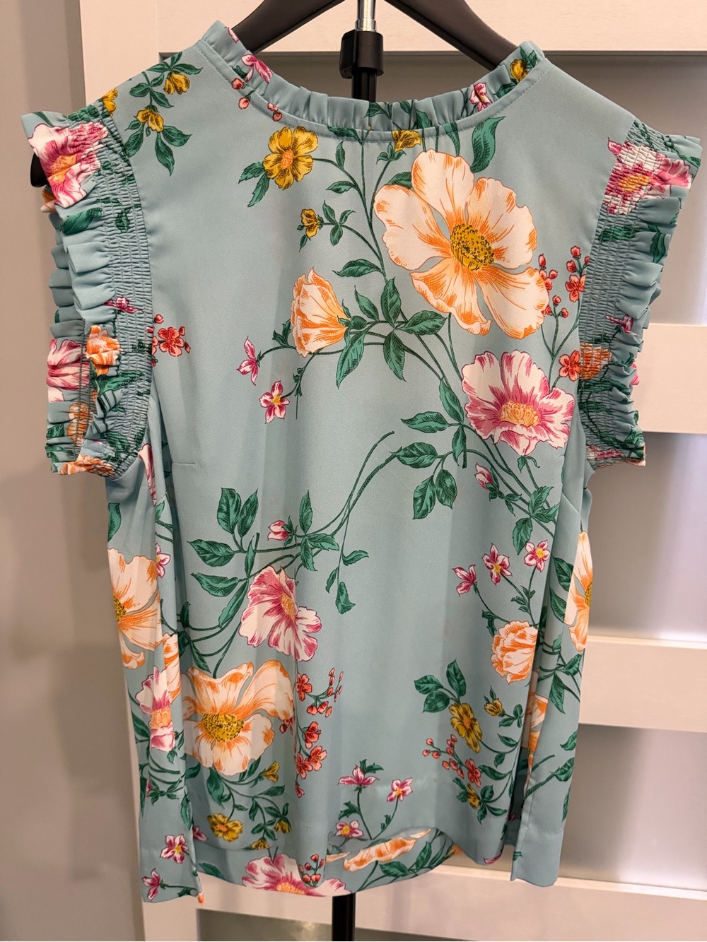 DR2 Aqua Floral Ruffle Sleeve Blouse